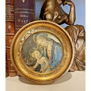 Vtg Italian Florentine Italy Madonna of the Book Gold Gilt Wood 4.5" Wall Plaque